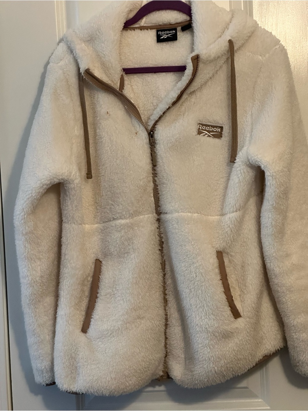Reebok Cream Sherpa Zip-Up Hoodie with Tan Trim